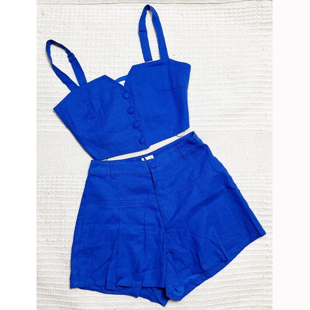 LE LIS royal blue linen crop top and high rise shorts two-piece set S NEW